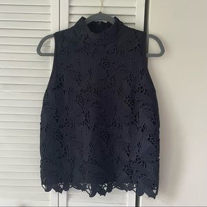 Ann Taylor Navy Blue Mock Neck Lace Top